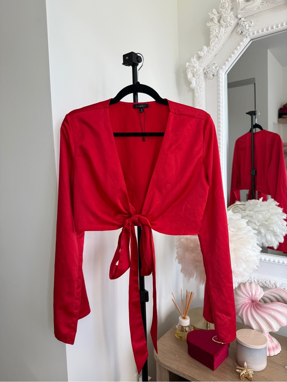Dynamite Red Satin Tie Front Bell Sleeve Crop Top